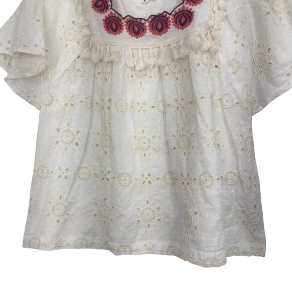 THML Cream Eyelet Short Sleeve Top With Embroidered Neckline Womens SZ M Cotton - Picture 7 of 9